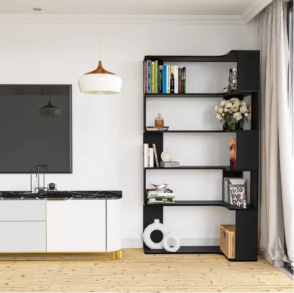 5-Laags Hoekboekenkast met LED-Lichtstrip – Ruimtebesparende Open Opbergplank