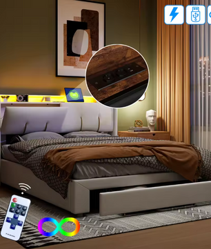 Tweepersoonsbed 160 × 200 cm met Opbergruimte, LED en USB – Gestoffeerd Bedframe