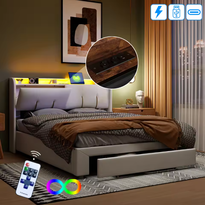 Tweepersoonsbed 160 × 200 cm met Opbergruimte, LED en USB – Gestoffeerd Bedframe