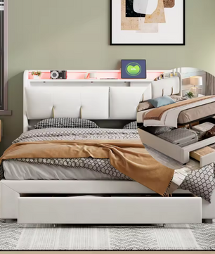 Tweepersoonsbed 160 × 200 cm met Opbergruimte, LED en USB – Gestoffeerd Bedframe