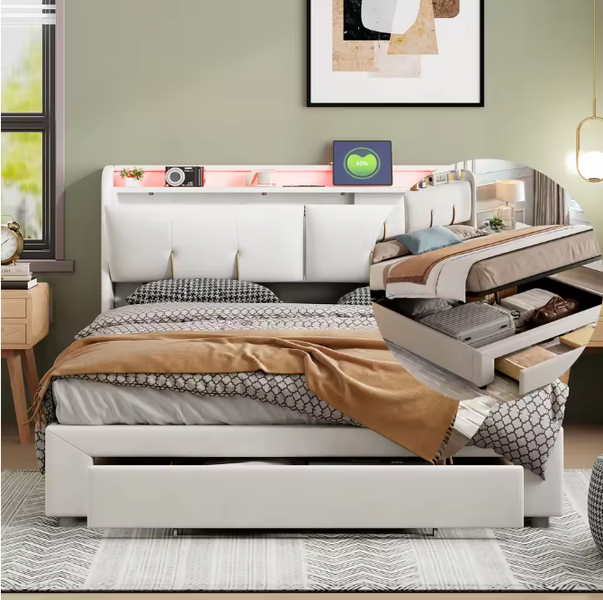 Tweepersoonsbed 160 × 200 cm met Opbergruimte, LED en USB – Gestoffeerd Bedframe