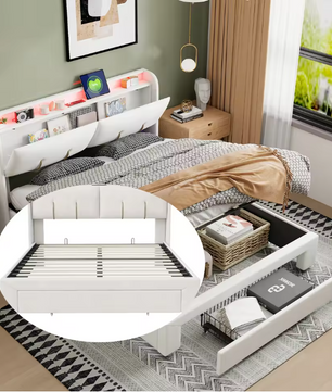 Tweepersoonsbed 160 × 200 cm met Opbergruimte, LED en USB – Gestoffeerd Bedframe