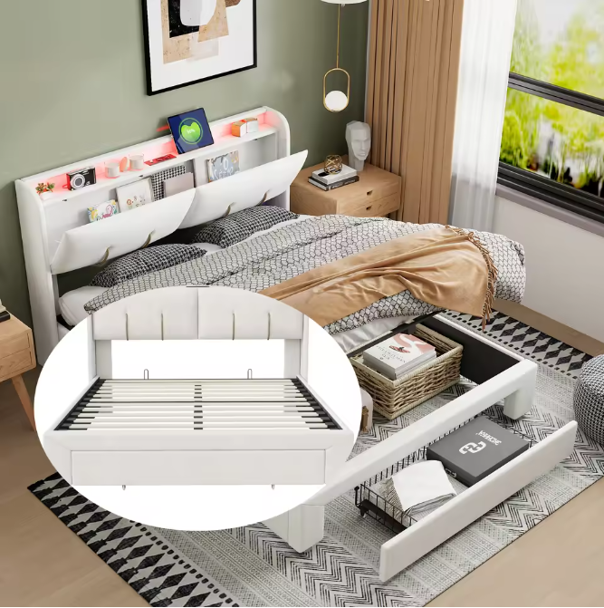Tweepersoonsbed 160 × 200 cm met Opbergruimte, LED en USB – Gestoffeerd Bedframe
