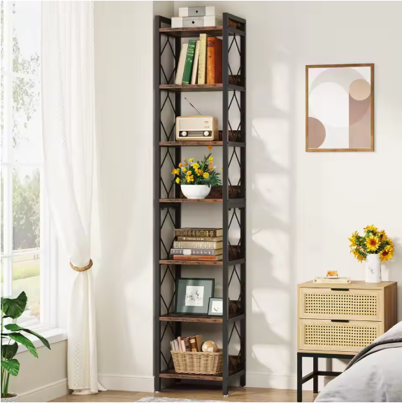 7-Laags Smalle Hoekboekenkast – Industriële Displayplank voor Kleine Ruimtes