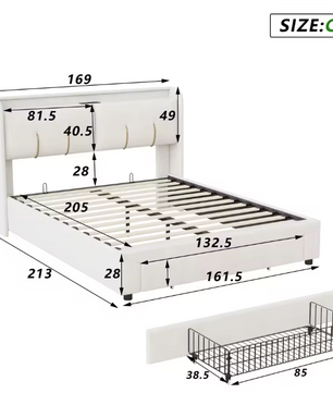 Tweepersoonsbed 160 × 200 cm met Opbergruimte, LED en USB – Gestoffeerd Bedframe
