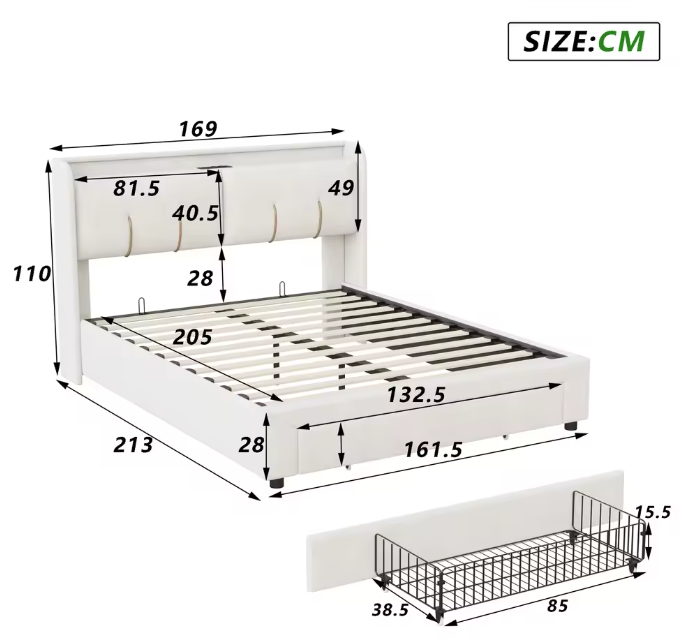 Tweepersoonsbed 160 × 200 cm met Opbergruimte, LED en USB – Gestoffeerd Bedframe