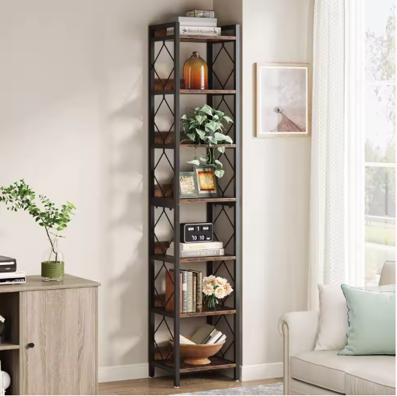 7-Laags Smalle Hoekboekenkast – Industriële Displayplank voor Kleine Ruimtes