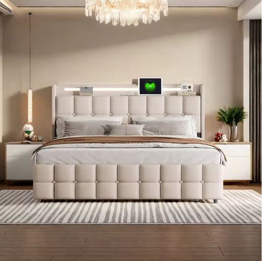 Gestoffeerd Tweepersoonsbed met LED, USB en 4 Lades – Opbergbed 140/160/180 × 200 cm