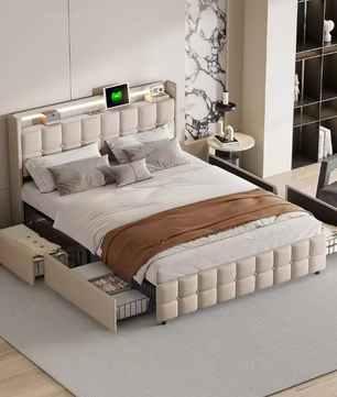 Gestoffeerd Tweepersoonsbed met LED, USB en 4 Lades – Opbergbed 140/160/180 × 200 cm