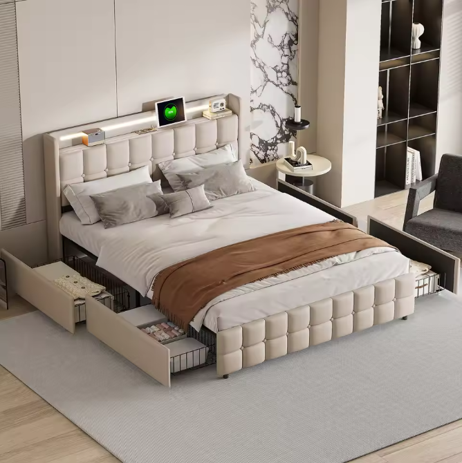 Gestoffeerd Tweepersoonsbed met LED, USB en 4 Lades – Opbergbed 140/160/180 × 200 cm
