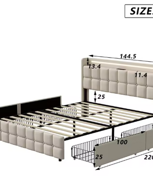 Gestoffeerd Tweepersoonsbed met LED, USB en 4 Lades – Opbergbed 140/160/180 × 200 cm