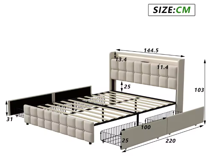 Gestoffeerd Tweepersoonsbed met LED, USB en 4 Lades – Opbergbed 140/160/180 × 200 cm
