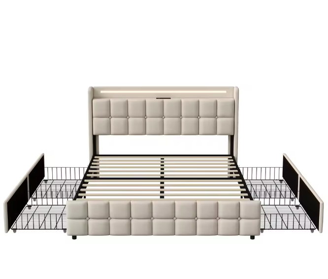 Gestoffeerd Tweepersoonsbed met LED, USB en 4 Lades – Opbergbed 140/160/180 × 200 cm