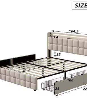 Gestoffeerd Tweepersoonsbed met LED, USB en 4 Lades – Opbergbed 140/160/180 × 200 cm