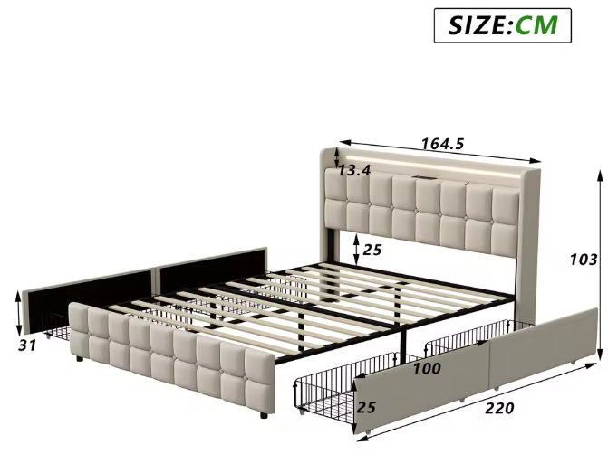 Gestoffeerd Tweepersoonsbed met LED, USB en 4 Lades – Opbergbed 140/160/180 × 200 cm