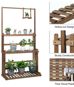 Houten Plantenstandaard met Ophangstang – 3-Laags Plantenrek van Massief Dennenhout – Met Hanggedeelte – Voor Binnen en Buiten