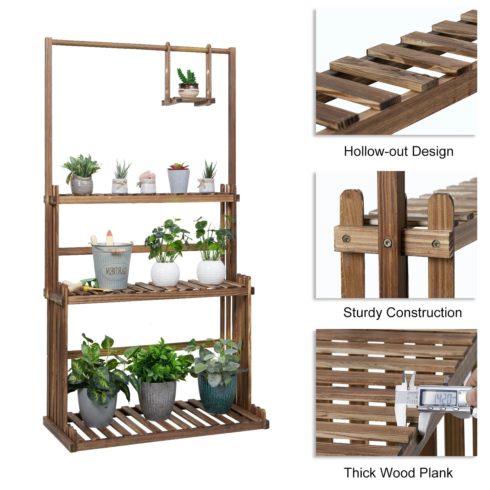 Houten Plantenstandaard met Ophangstang – 3-Laags Plantenrek van Massief Dennenhout – Met Hanggedeelte – Voor Binnen en Buiten