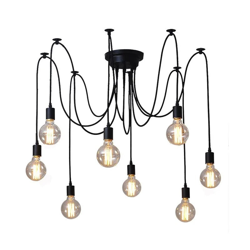 Vintage Spider Kroonluchter E27 – Industriële Plafondlamp met Meerdere Armen – Zwart Metaal – Voor Woonkamer, Keuken, Restaurant & Loft