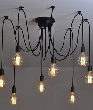 Vintage Spider Kroonluchter E27 – Industriële Plafondlamp met Meerdere Armen – Zwart Metaal – Voor Woonkamer, Keuken, Restaurant & Loft