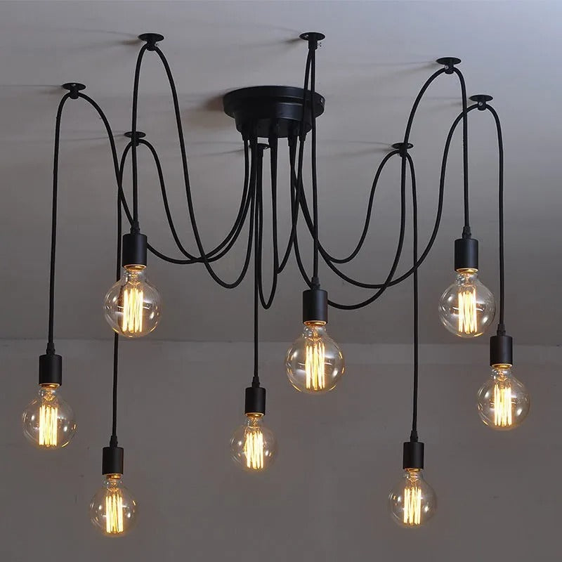 Vintage Spider Kroonluchter E27 – Industriële Plafondlamp met Meerdere Armen – Zwart Metaal – Voor Woonkamer, Keuken, Restaurant & Loft