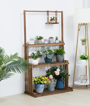 Houten Plantenstandaard met Ophangstang – 3-Laags Plantenrek van Massief Dennenhout – Met Hanggedeelte – Voor Binnen en Buiten