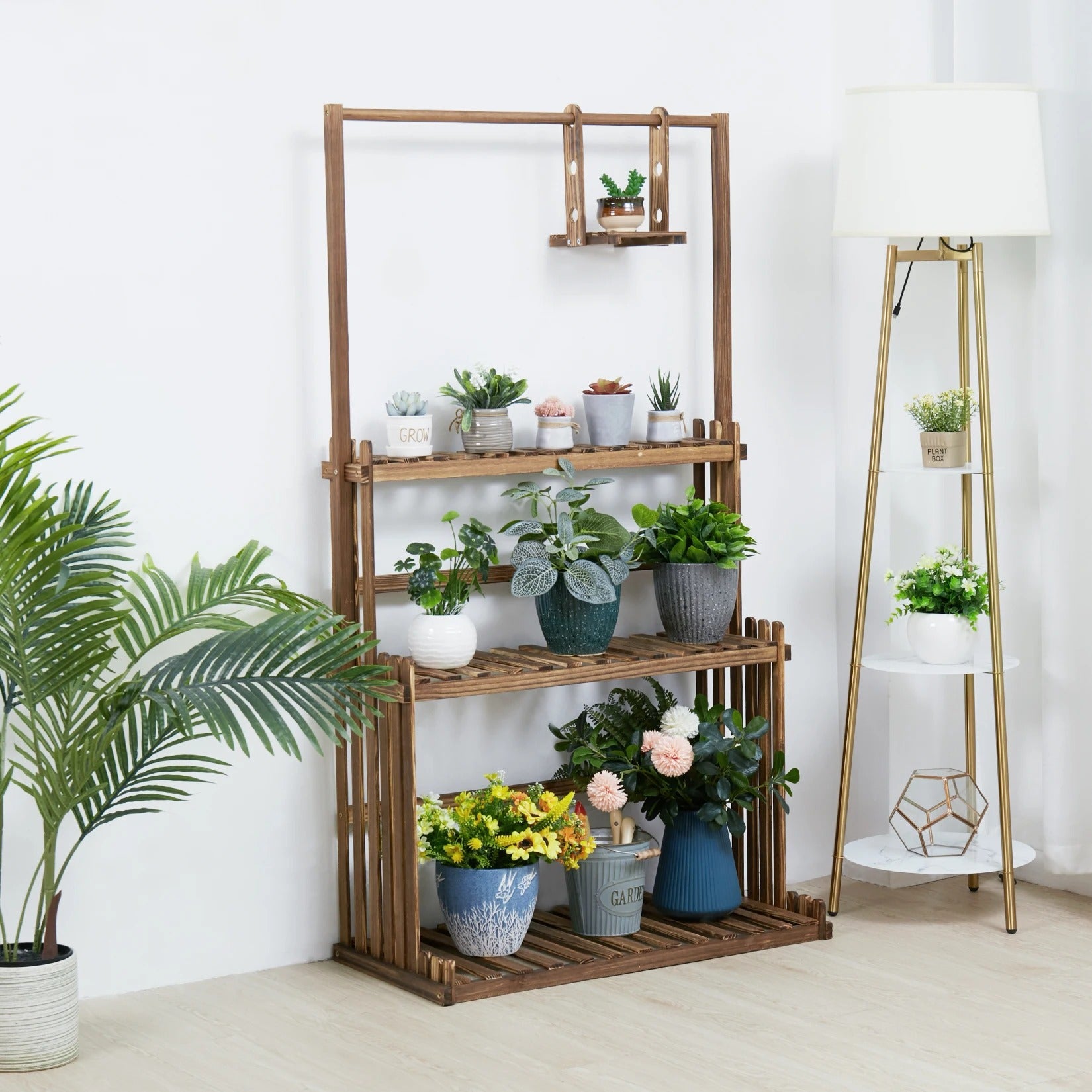 Houten Plantenstandaard met Ophangstang – 3-Laags Plantenrek van Massief Dennenhout – Met Hanggedeelte – Voor Binnen en Buiten