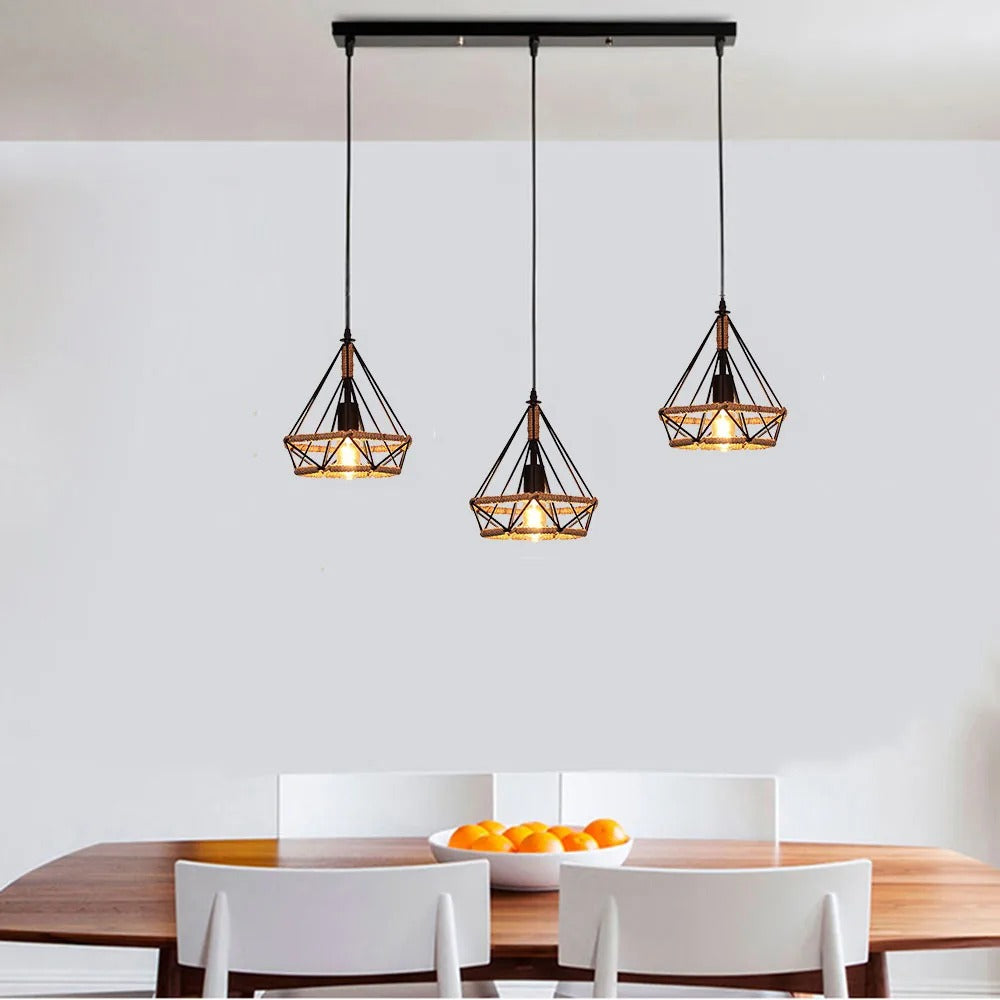 Industriële Henneptouw Hanglamp E27 – Vintage Loft Hanglamp van Natuurlijk Touw & Zwart Metaal – Verstelbare Hoogte – Voor Woonkamer, Eetkamer, Café & Bar