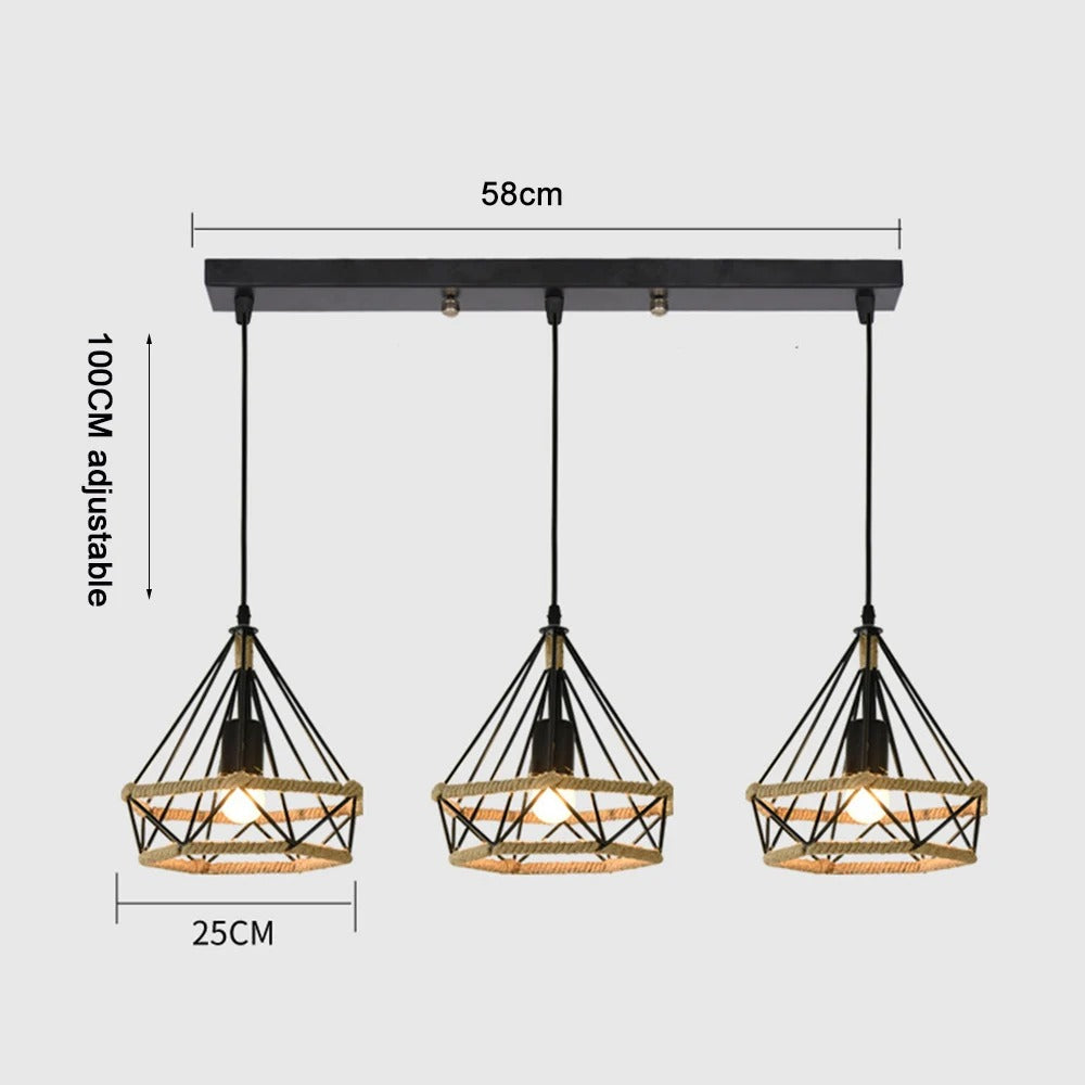 Industriële Henneptouw Hanglamp E27 – Vintage Loft Hanglamp van Natuurlijk Touw & Zwart Metaal – Verstelbare Hoogte – Voor Woonkamer, Eetkamer, Café & Bar