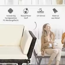 2-Zits Opvouwbare Loungebank met Verstelbare Armleuningen – Stalen Frame & Weerbestendige Rotanlook, Inclusief Kussens – Voor Balkon, Terras & Tuin