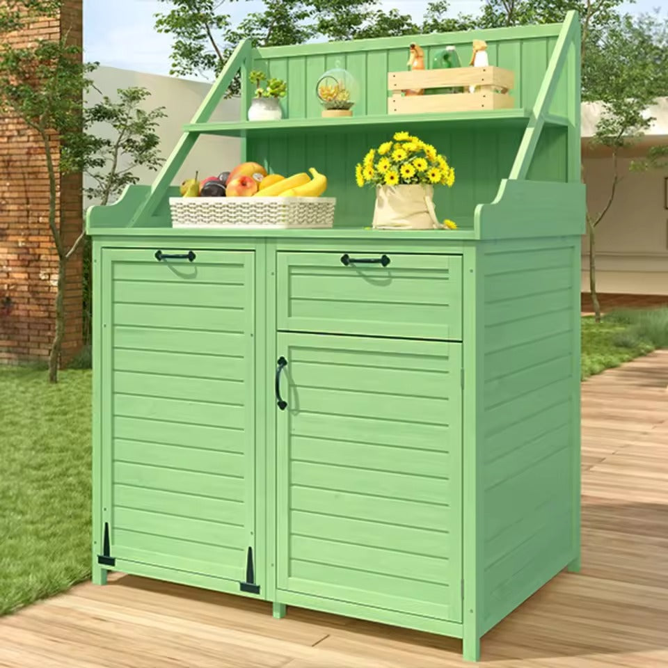 Houten Gereedschapsschuur voor Buiten met Werkblad – Tuinkast met Planken en Laden – 100 × 45 × 154 cm – Weerbestendige Opbergkast voor Tuin en Terras