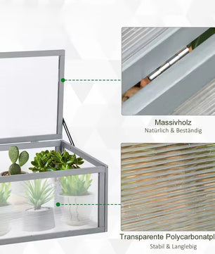 Mini Tuinkas van Hout en Polycarbonaat met Opvouwbaar Dak – 90 × 46 × 40 cm – Compact Weerbestendig Kweekkasje met Honingraatpanelen voor Balkon en Tuin