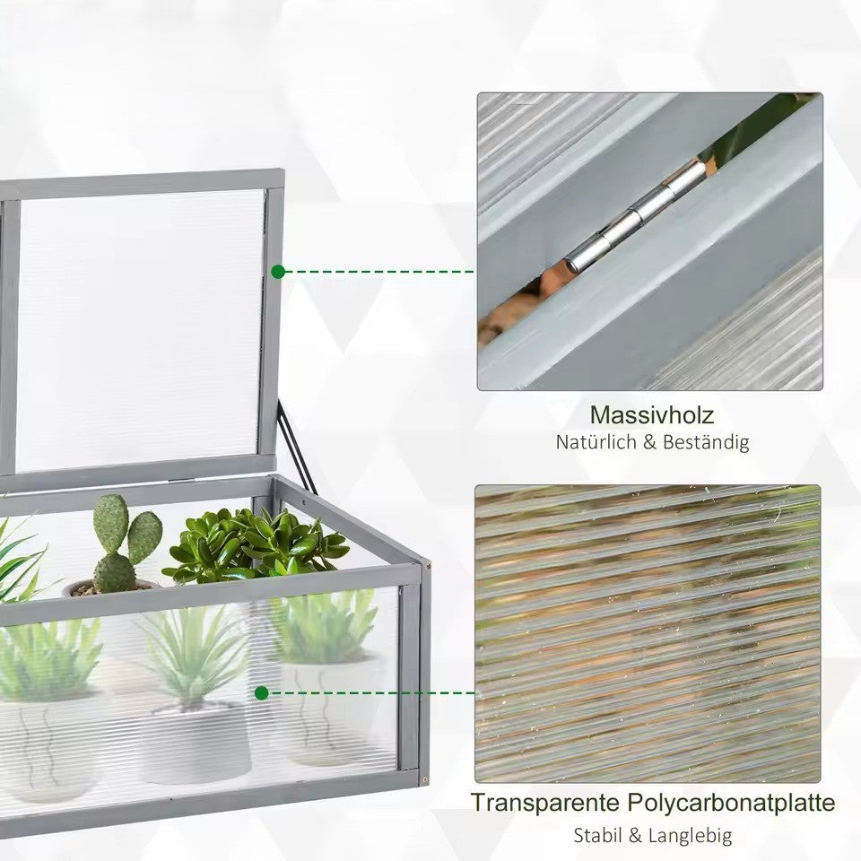 Mini Tuinkas van Hout en Polycarbonaat met Opvouwbaar Dak – 90 × 46 × 40 cm – Compact Weerbestendig Kweekkasje met Honingraatpanelen voor Balkon en Tuin