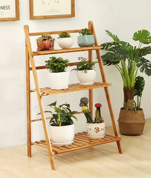 Opvouwbare 3-Laags Bamboe Plantenstandaard – Natuurlijk Bamboe – 70 × 38 × 97 cm – Stevig Plantenrek voor Binnen en Buiten