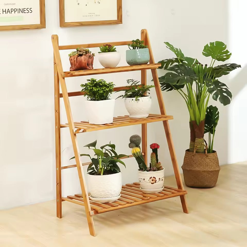 Opvouwbare 3-Laags Bamboe Plantenstandaard – Natuurlijk Bamboe – 70 × 38 × 97 cm – Stevig Plantenrek voor Binnen en Buiten