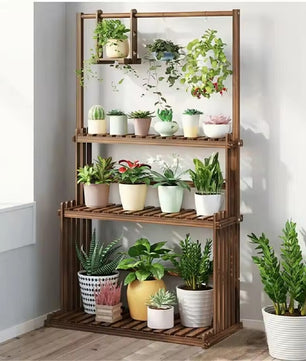 3-Laags Houten Plantenstandaard met Ophangstang – Massief Dennenhout – 100 × 40 × 96 cm – Plantenrek voor Binnen en Buiten