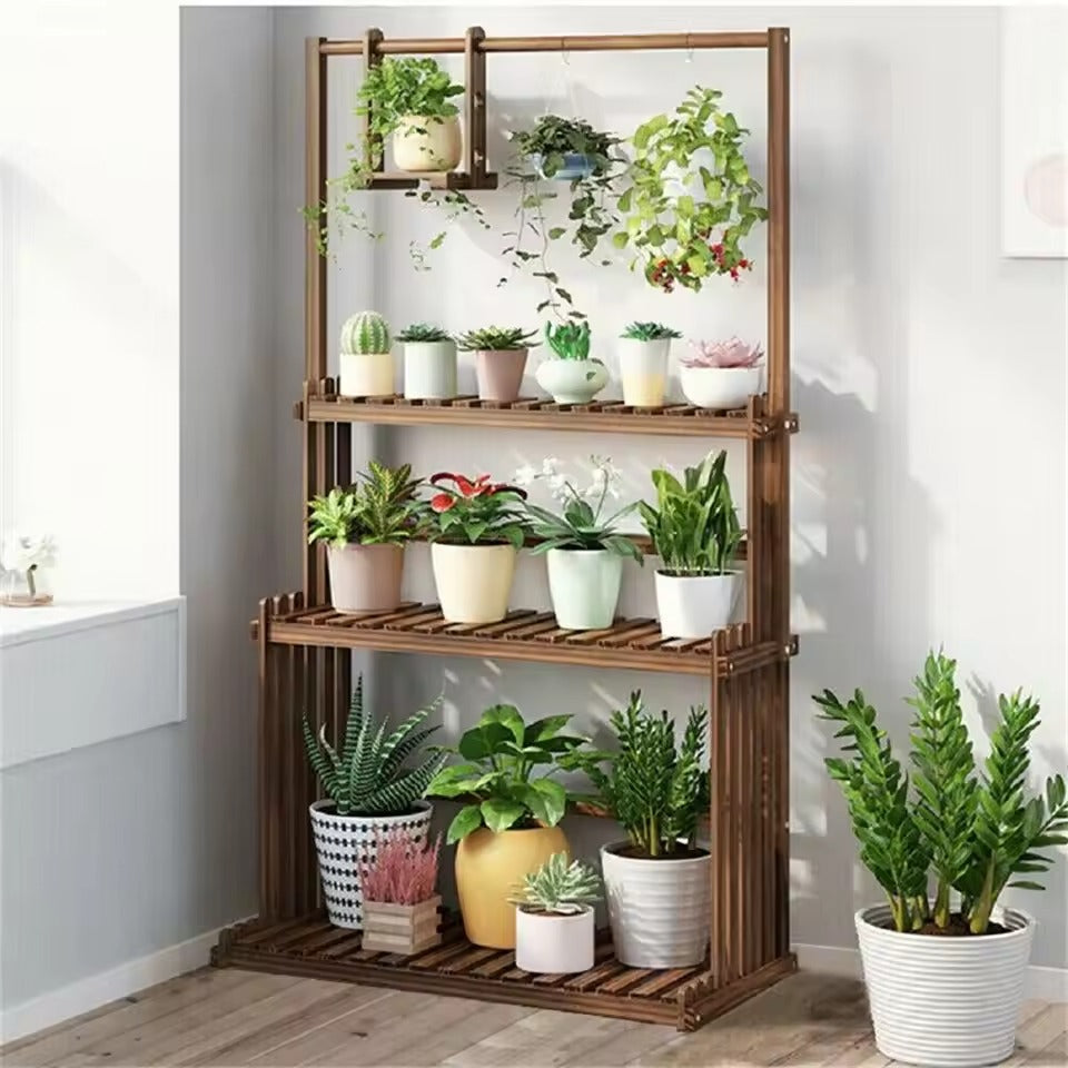 3-Laags Houten Plantenstandaard met Ophangstang – Massief Dennenhout – 100 × 40 × 96 cm – Plantenrek voor Binnen en Buiten
