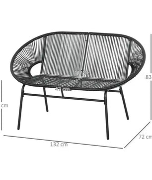 2-zits Polyrotan Tuinbank – Zwart, Handgeweven PE-Vlechtwerk & Gepoedercoat Stalen Frame – Tot 260 kg