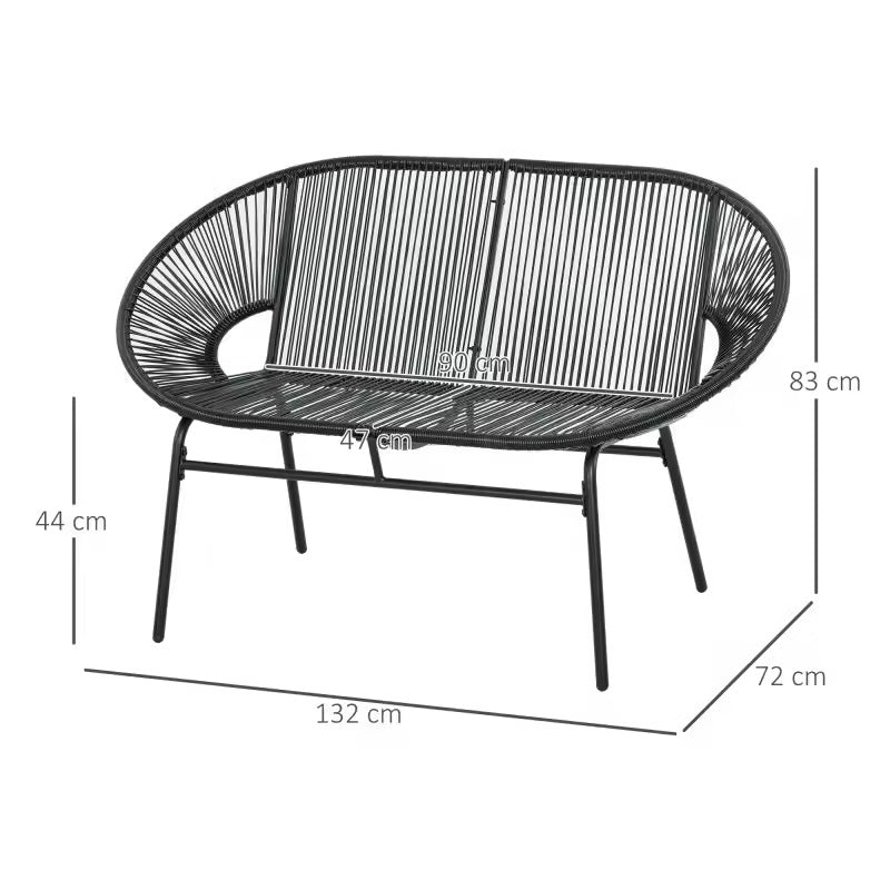 2-zits Polyrotan Tuinbank – Zwart, Handgeweven PE-Vlechtwerk & Gepoedercoat Stalen Frame – Tot 260 kg