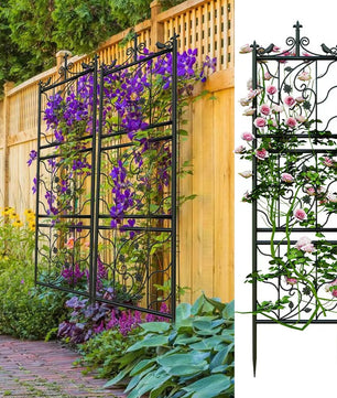 Set van 2 Metalen Klimrekken voor Planten – Zwart, 195 cm Hoog, Tuinspalies met Grondpennen voor Klimplanten & Tuinafscheiding