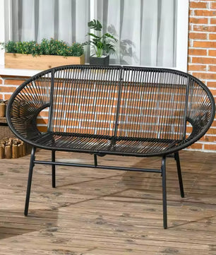 Set van 2 Zwarte Tuinbanken – 2-Zits Acapulco Stijl met Handgeweven PE-Rotan, Stalen Frame & Ergonomische Rugleuning – Weerbestendig voor Balkon, Terras & Veranda