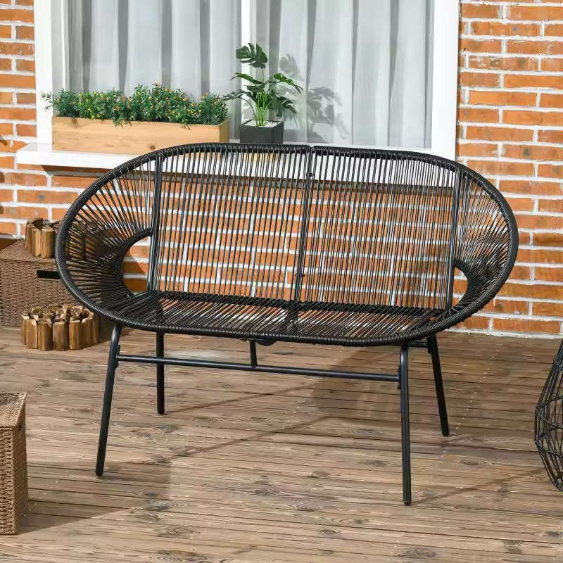 Set van 2 Zwarte Tuinbanken – 2-Zits Acapulco Stijl met Handgeweven PE-Rotan, Stalen Frame & Ergonomische Rugleuning – Weerbestendig voor Balkon, Terras & Veranda