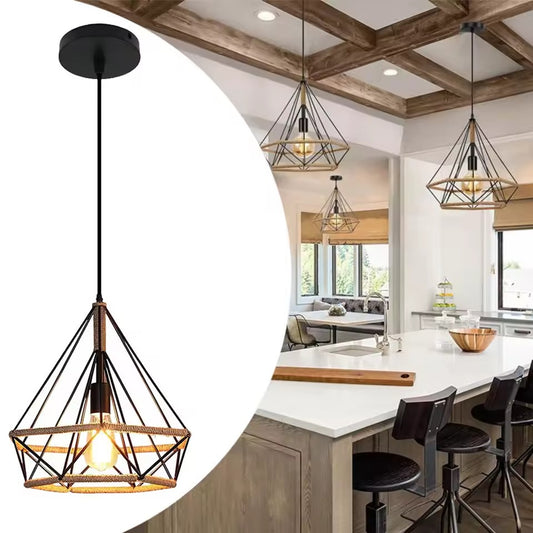 Industriële Henneptouw Hanglamp E27 – Vintage Loft Hanglamp van Natuurlijk Touw & Zwart Metaal – Verstelbare Hoogte – Voor Woonkamer, Eetkamer, Café & Bar