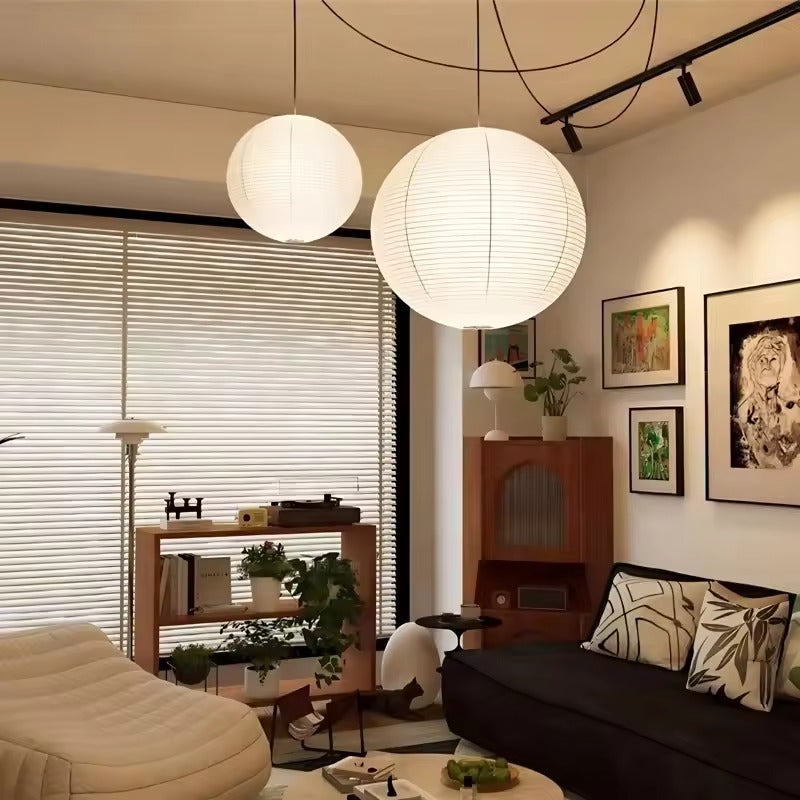 Japanse Rijstpapier Hanglamp – Wabi-Sabi Minimalistisch Design – Dimbare LED E27 – Ø28 cm