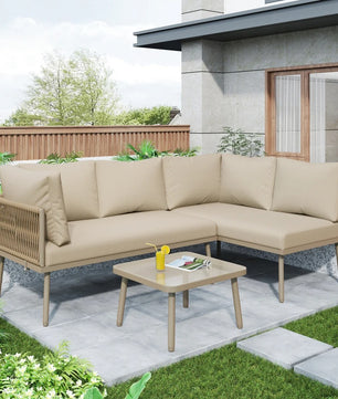 2-Zits Loungeset van Gevlochten Touw – Inclusief Tafel met Gehard Glas & Kussens, Verstelbare Pootjes, Khaki