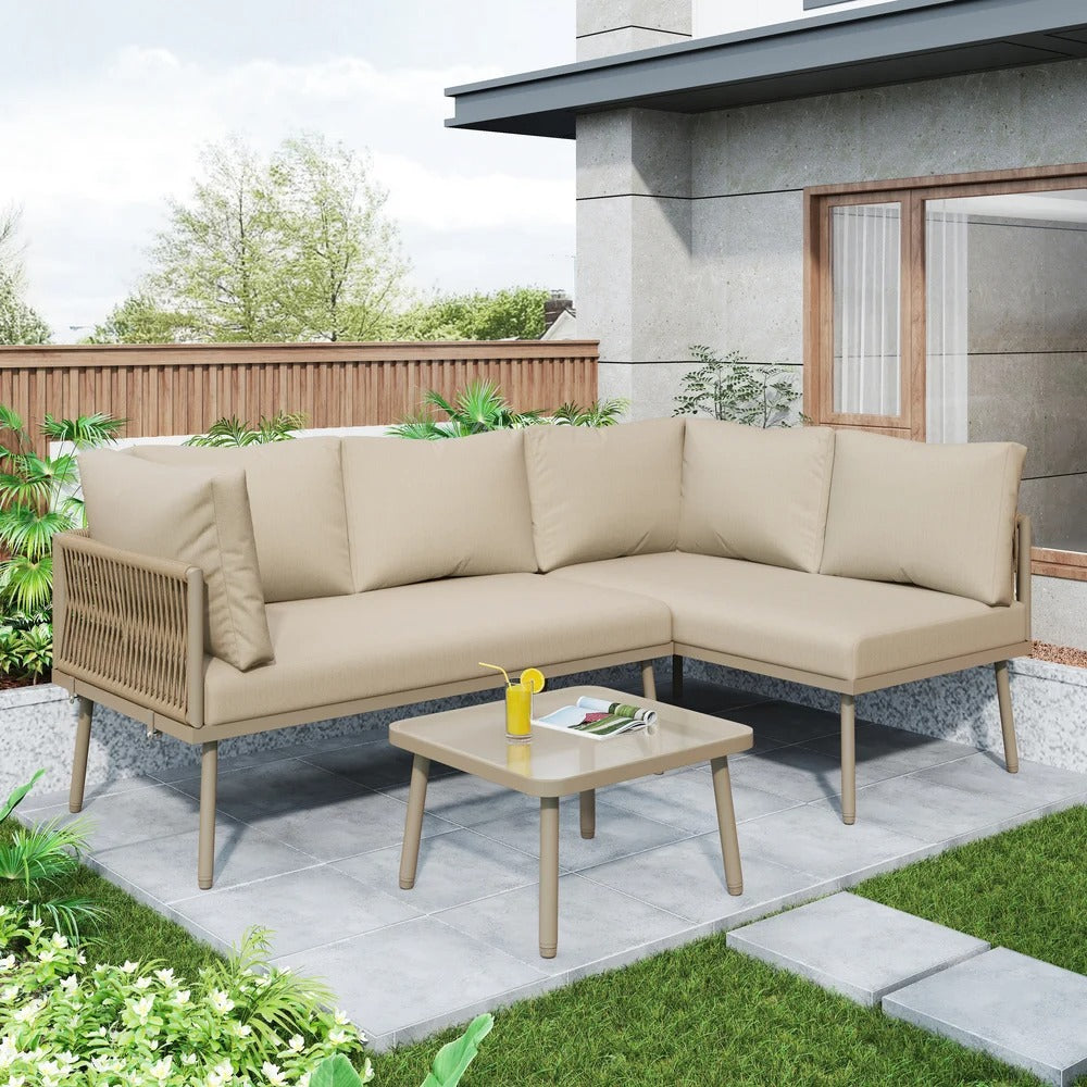 2-Zits Loungeset van Gevlochten Touw – Inclusief Tafel met Gehard Glas & Kussens, Verstelbare Pootjes, Khaki