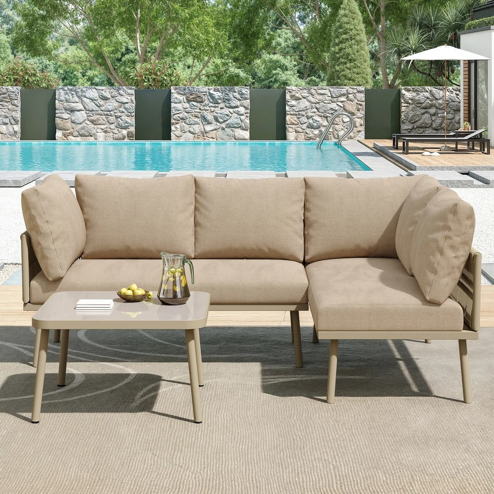 2-Zits Loungeset van Gevlochten Touw – Inclusief Tafel met Gehard Glas & Kussens, Verstelbare Pootjes, Khaki