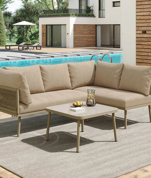 2-Zits Loungeset van Gevlochten Touw – Inclusief Tafel met Gehard Glas & Kussens, Verstelbare Pootjes, Khaki
