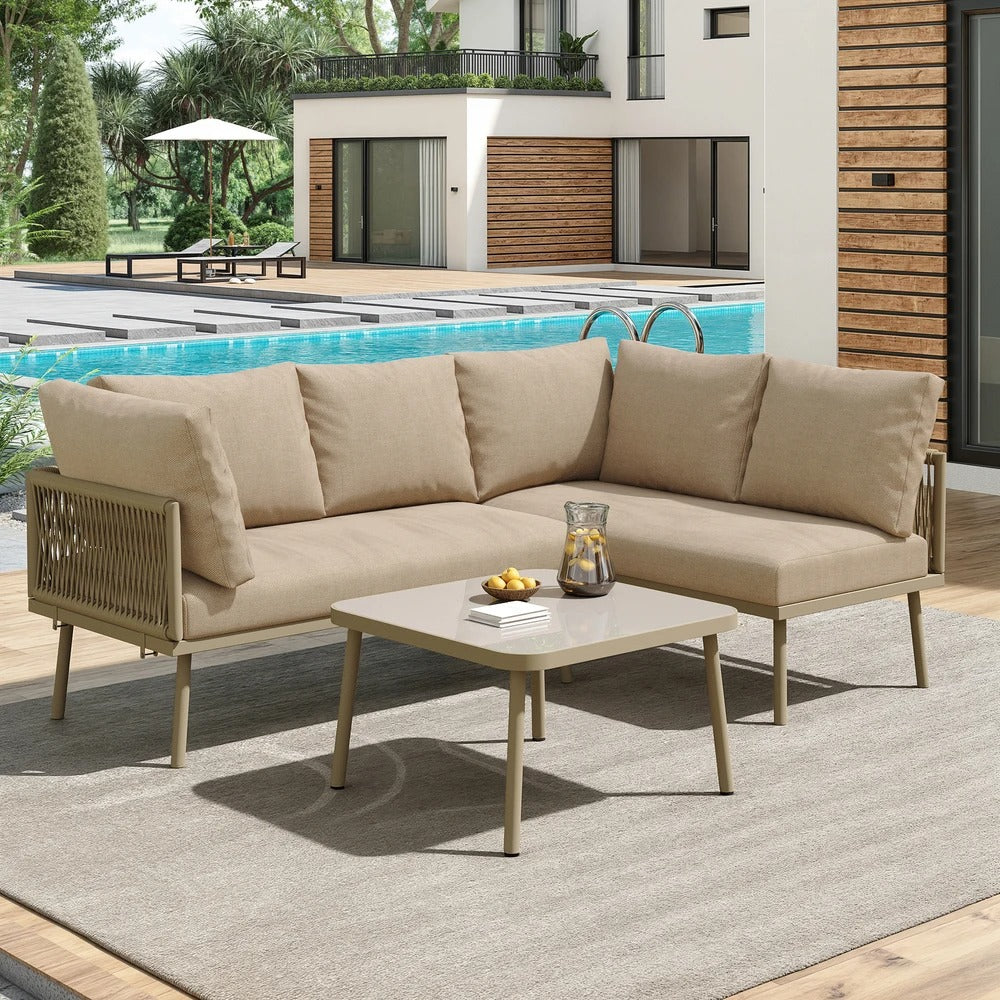 2-Zits Loungeset van Gevlochten Touw – Inclusief Tafel met Gehard Glas & Kussens, Verstelbare Pootjes, Khaki