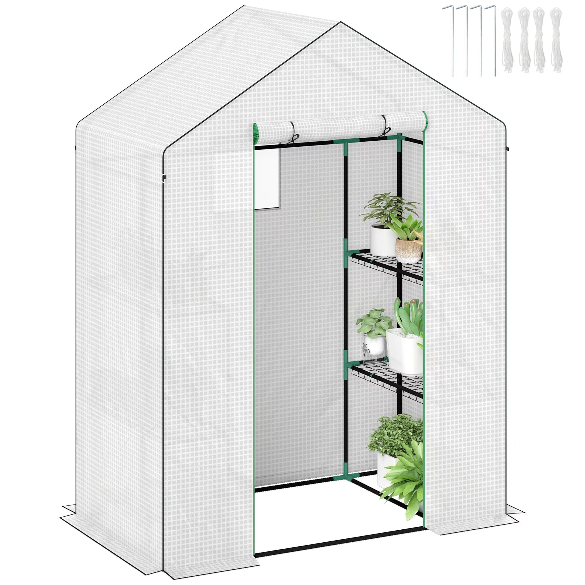 Loopbare Kweekkas met Planken en Roldeur – 143 × 74 × 190 cm – UV-Bestendige Tuinkas met Metalen Frame en Ventilatieramen