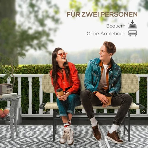 2-Zits Balkonbank zonder Armleuningen – Kaki Tuinbank van Kunststof Rattan met Stalen Frame, Compact & Weerbestendig – Voor Balkon, Terras & Veranda